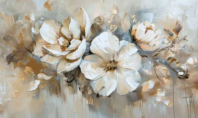An abstract painting of flowers with a textured, impasto style, featuring white and gold petals against a neutral background.