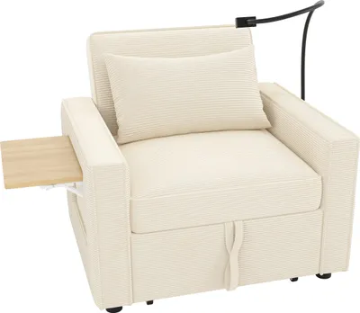 Produktbild von Merax 1-Sitzer Schlafsofa mit Schlaffunktion, USB, Type-C, Handyhalter, Beistelltisch, Verstellbare Rückenlehne, Klappbett Bettsofa, Cord, Beige