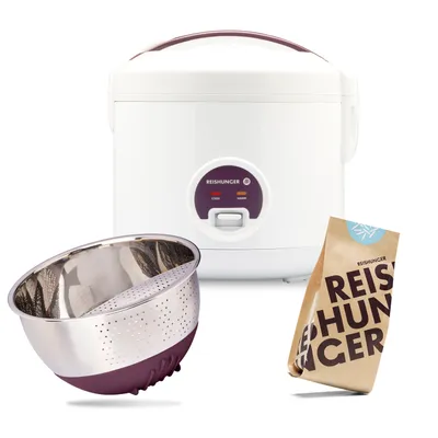 Produktbild von REISHUNGER Reiskocher & Dampfgarer mit Antihaftbeschichtung Starterset (10-teilig) inkl. Dämpfeinsatz, Löffel, Messbecher, 8-teiligem Reisset & Edelstahl Reiswaschschüssel