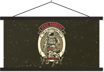 Produktbild von MuchoWow® Textilposter Jahrgang - Astronaut - BBQ 150x75 cm mit schwarzem Rahmen - Posterleiste