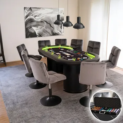 Produktbild von HOME DELUXE - Pokertisch inkl. Pokerkoffer CASINO - mit LED Beleuchtung und Getränkehalter, für bis zu 9 Personen I Spieltisch Poker Tisch