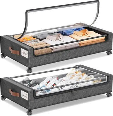 Image de Rangement sous le lit avec roulettes, transparent, lot de 2, pour vêtements et chaussures