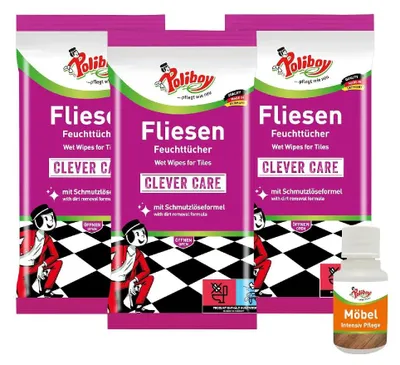 Produktbild von Poliboy 3er Fliesenfeuchttücher - inklusive Möbel Probe - für Fliesen und Steinböden - 5201501