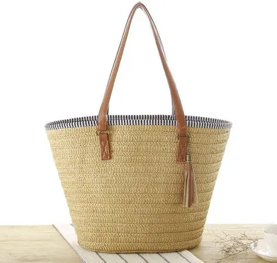 Produktbild von Große Woven Strandtasche mit Ledergriffen und Reißverschluss, braun, einfarbig