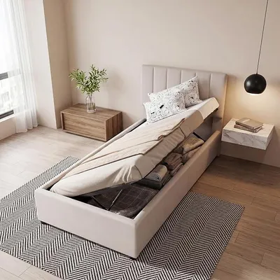 Produktbild von Einzelbett mit Stauraum, 90 x 200 cm, Kinderbett, hydraulisches Stauraumbett, verstellbares Kopfteil, Lattenrost, Leinenstoff (Beige)