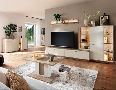 Produktbild von Wohnmöbel Set in Eiche und weiß modern mit Couchtisch & LED-Beleuchtung, 5-teilig - SAGUNTO-05