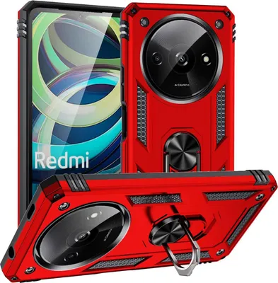A red phone case with a ring holder is shown from multiple angles.