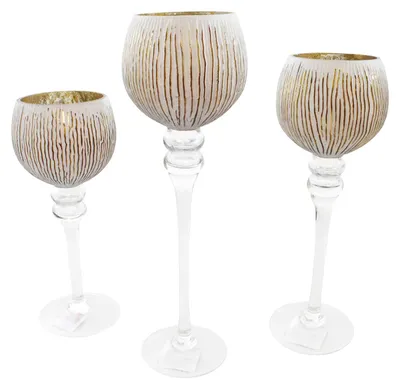Productafbeelding van 3-delige windlichtset kelkvormig, geribbeld, 30, 35, 40 cm x Ø13 cm, van glas, wit/goud