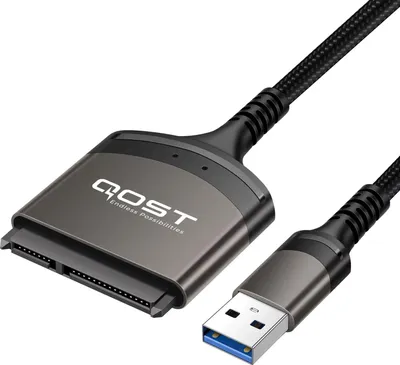 Produktbild von Qost – USB-A auf SATA Adapter – Schwarz – Aluminium – 6 Gbit/s – 22-Pin – 2,5 Zoll – SATA-Kabel auf USB-A – SATA zu USB