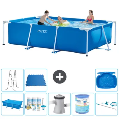 Produktbild von Intex-Schwimmbecken mit rechteckigem Rahmen – 300 x 200 x 75 cm – Blau – im Lieferumfang enthalten Sonnensegel - Wartungspaket - Filterpumpe für Schwimmbad - Filter - Reinigungskit - Leiter