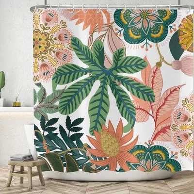 Produktbild von Famanu Duschvorhang Boho Blumen 180 x 200 cm - Wasserabweisend und Waschbar aus Polyester