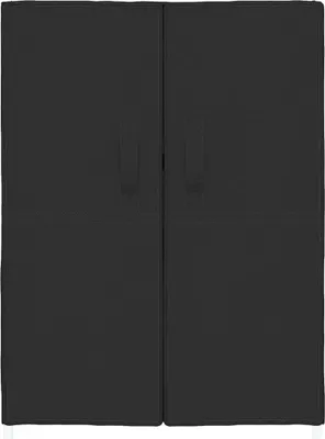 A frontal view of a closed black cabinet with two doors and handles.