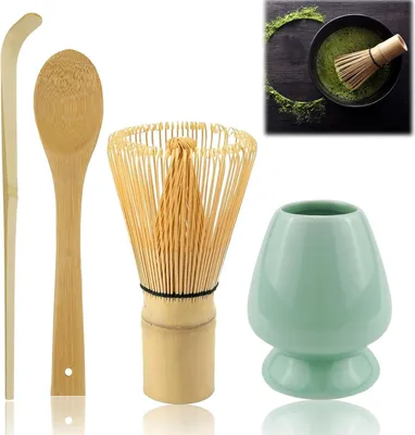 Produktbild von Famanu Matcha Set 4-teilig mit Matcha Besen, Matcha Löffel und Keramik Halter - cyaankolor