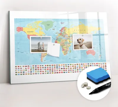 Produktbild von Magnetpinnwand Memoboard - Zubehörsatz - Schwarzer Marker + Schwamm + Magnete - 60 x 40 cm - Geographie-Weltkarte