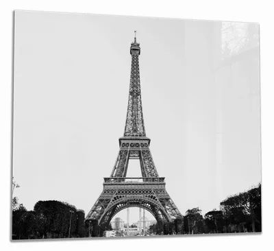 Produktbild von Wallario Herdabdeckplatte aus Glas, Größe 60 x 52 cm 1-teilig, Motiv Eiffelturm in Paris - schwarz weiß