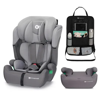 Zdjęcie produktu dla Fotelik samochodowy Kinderkraft COMFORT UP i-Size 76–150 cm, zgodny z normą R129, 5-punktowe pasy bezpieczeństwa, system EASY GROW, wentylowany, szary, z organizerem do samochodu