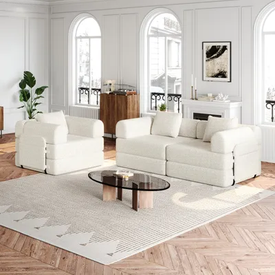 Produktbild von [Patented Design]Chenille-Schlafsofa 2-in-1 mit Staufach in der Armlehne, drei Metallrahmen und mehreren Konfigurationsmöglichkeiten.