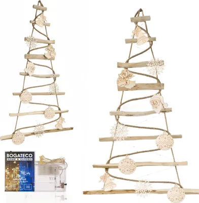 Two handmade wooden Christmas trees decorated with ornaments and lights, displayed against a white background. A product box and LED lights are shown in the lower left corner.