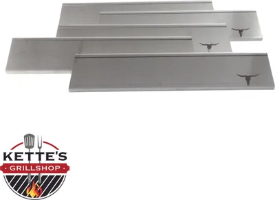 A group of metallic grill grates with a steer logo, and a Kette's Grillshop logo.