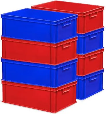 Produktbild von 8x Stapelbehälter 600x400x220 mm, PP, Industriequalität, lebensmittelecht, 4x blau, 4x rot