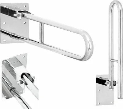 A product image showing a stainless steel grab bar mounted on a wall, with a close-up inset of the mounting mechanism.