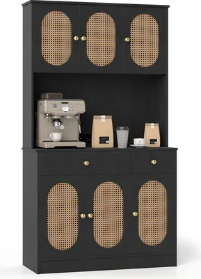 Immagine prodotto di COSTWAY Mobile da cucina in legno, credenza con 2 prese elettriche, 2 porte USB, ante in rattan, piano di lavoro e 2 cassetti, 100x40x180 cm (nero)
