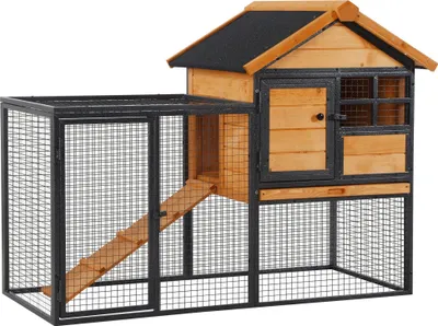 Produktbild von Kleintierstall mit Freigehege u. Rampe 122 cm x 63 cm x 92 cm Tannenholz Metall Hellgelb+Dunkelgrau