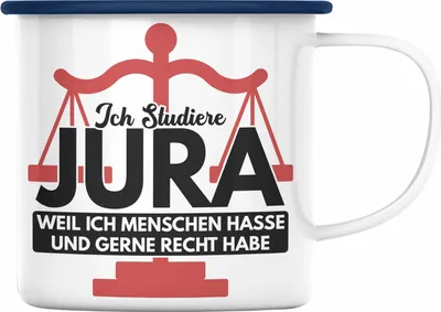 Produktbild von Trendation - Jura Emaille Tasse Geschenk Spruch Jurist Geschenkidee Anwalt Jura-Studium Lustige Sprüche Staatsexamen Ich Studiere Jura (Blau)