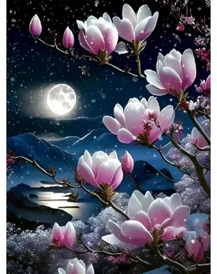 Image de Kit de peinture diamant – Motif magnolia et lune – Ensemble complet avec des strass carrés – 30x40 cm