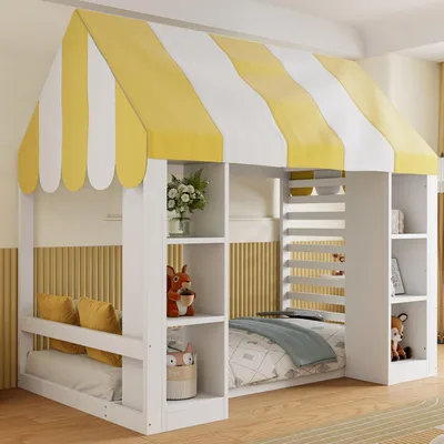 Image de Lit pour enfant 90x200 cm avec baldaquin, lit-cabane avec étagère, lit plateforme simple avec barrières de sécurité et sommier à lattes, lit en bois blanc pour enfant
