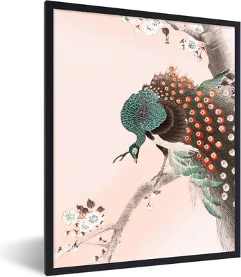 Produktbild von MuchoWow® Gerahmtes Poster Vintage - Pfau - Japanisch - Pfauenfedern 60x80 cm - Poster mit Schwarzem Bilderrahmen Wandposter Rahmen Foto Bilder - Premium - Wanddeko Wohnzimmer