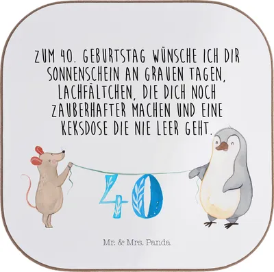 Produktbild von Mr. & Mrs. Panda Untersetzer für Gläser 40. Geburtstag Maus Pinguin - Weiß - Geschenk, Happy Birthday, Kuchen, Coaster, Geburtstagsfeier, Tassen, Tischuntersetzer, Party