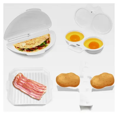 Produktbild von 4-teiliges Mikrowellen-Frühstücksset mit antihaftbeschichtetem Omelett-Maker, Eierkocher mit 2 Mulden, Speckschale und Kartoffelrost