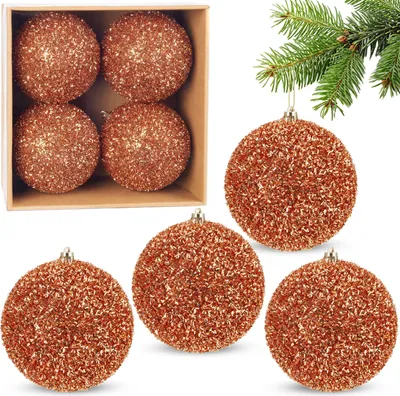 Image de BRUBAKER Boules de Noël scintillantes - Set de 4 grandes boules de Noël scintillantes - 10 cm Boules de Noël incassables - Décorations de Noël en plastique, Orange