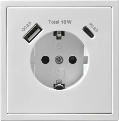Produktbild von Schutzkontakt-Steckdose McPower "Shallow", 1x USB-C - 18W Quickcharge - 1x USB-A, weiß, matt