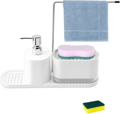 Produktbild von Famanu Spülbecken Organizer Set mit Seifenspender, Schwammhalter und Handtuchhalter - Weiß