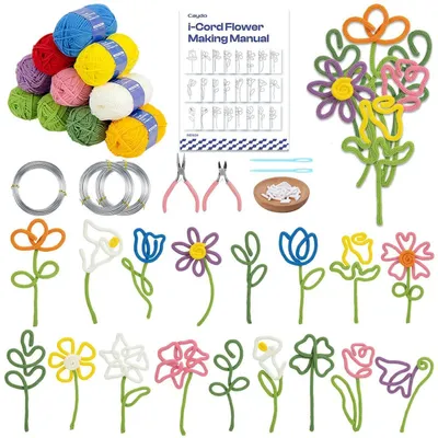 Produktbild von Bastelset Blumen iCord mit Strickgarn & Basteldraht für Anfänger, 20 Blumen- & 4 Blatt-Vorlagen, 10 Knäuel bunt