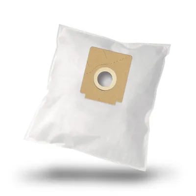 A white vacuum cleaner bag with a tan cardboard attachment for insertion into a vacuum cleaner.