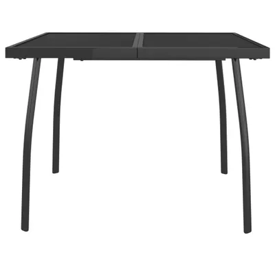 A black metal garden table with a slatted top, shown from the front.