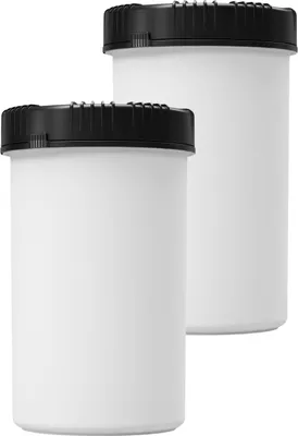 Two white storage containers with black lids are shown against a white background.