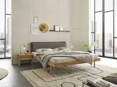 Produktbild von JERIK Modernes Massivholzbett 180x200 - Komfortables & hochwertiges Balkenbett mit gepolstertem Kopfteil - 187 x 89 x 210 cm (B/H/T)