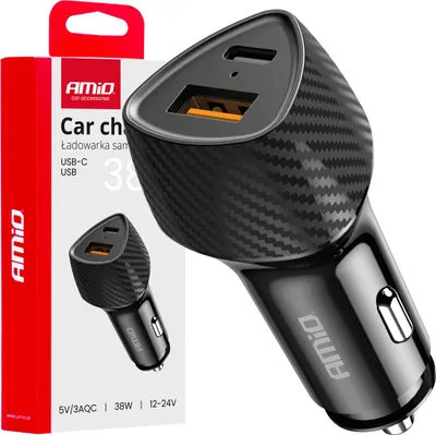 Zdjęcie produktu dla Ładowarka samochodowa QC+PD 38W USB-A i USB-C z funkcją szybkiego ładowania AMIO-04283