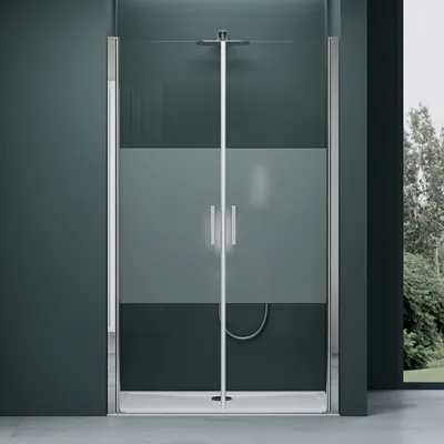 A modern shower enclosure with frosted glass panels and silver handles, set against a dark teal wall.