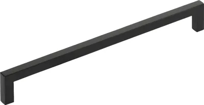 A long, black, modern cabinet handle shown diagonally against a white background.