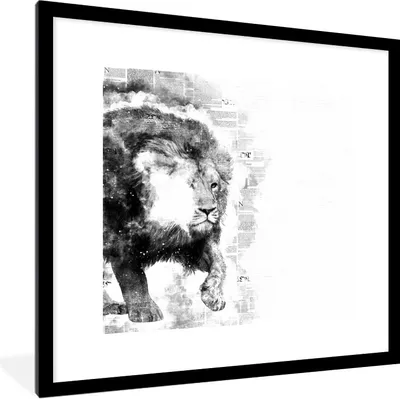 Produktbild von MuchoWow® Gerahmtes Poster Löwe - Zeitung - Schwarz - Weiß 40x40 cm - Poster mit Schwarzem Bilderrahmen Wandposter Rahmen Foto Bilder - Poster - Plakat im Rahmen