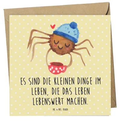 Produktbild von Mr. & Mrs. Panda Grußkarte Spinne Agathe Kaffee - Gelb Pastell - Geschenk, Morgenmuffel, faltkarte, Klappkarte, Lebensweisheiten, doppelkarte, Glückwunschkarte, Morgen