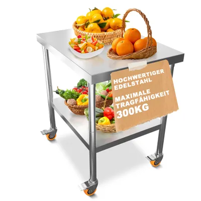 Produktbild von YZNAHRE Arbeitstisch Edelstahl 76x60x85 cm Catering Küchentisch mit Rollen Gastronomie Edelstahltisch Doppelschicht Zubereitungstisch für Küche Bar Restaurantar