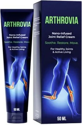 A tube of Arthrovia joint relief cream and its packaging are shown against a dark background.