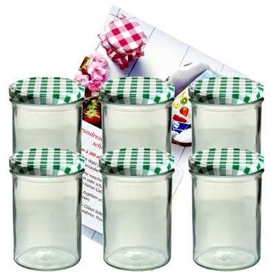 Image de lot de 6 pots à confiture 435 ml bocal à conserves To 82 couvercle vert à carreaux avec sucre diamant Livret de recettes Magie de gélification