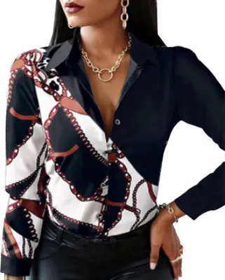 Produktbild von ASKSA Damen Bluse V-Ausschnitt Drucken Patchwork Hemd Elegant Button Tunika Langarm, Weiß Rot Rechteck, S